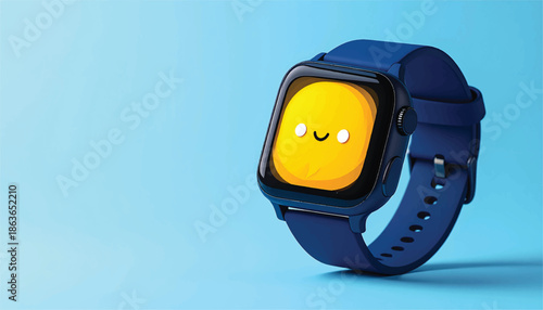 Smartwatch with a cheerful yellow face on a blue background.