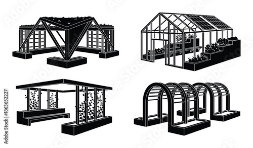 Illustrations of garden structures: a pergola, greenhouse, and arbor with planters, black and white silhouettes design.