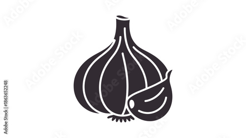 A simple black and white illustration of a single bulb of garlic