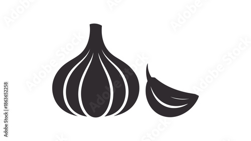 A simple black and white illustration of a garlic bulb and clove