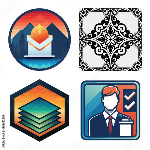 Creative Graphic Icon Set Featuring Mountain Mail Delivery Badge, Ornate Monochrome Floral Tile Pattern, Layered Construction Material Symbol, and Professional Candidate Management Icon Collage