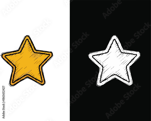 Illustration of a yellow star on a white background and a white star on a black background, with a hand-drawn sketch effect and contrasting colors.