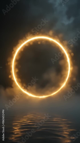 Glowing Portal Loop Animation Over Water and Stormy Sky, Seamless Transition and Reflection