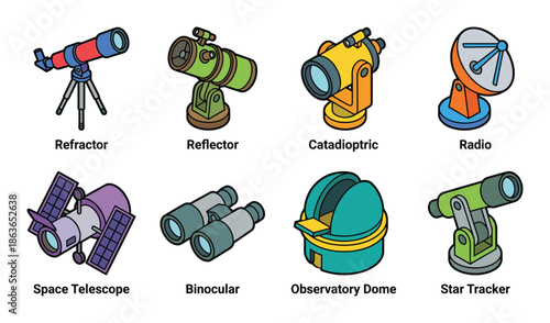 Illustrative vector set of diverse telescopes, featuring reflector, refractor, radio, and space observatory domes.