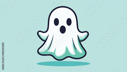 Cartoon Ghost Floating with Spooky Expression on Light Blue Background.