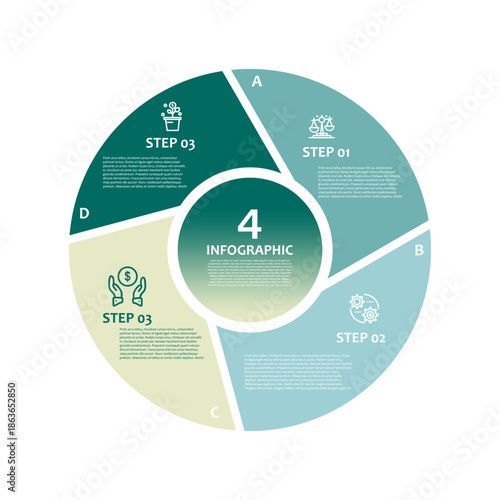 Vector circle venn diagram infographic four steps for business presentations and posters or web. Vector editable infographic.