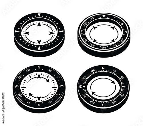Isometric compasses in black and white with direction arrows showing north, south, east, and west indications.