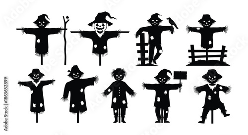 Silhouette collection of halloween scarecrows in various poses and hat designs