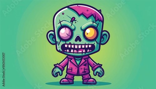 Cartoon Zombie Character with Rotting Flesh and Mismatched Eyes.