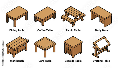 Isometric furniture set including dining table, coffee table, picnic table, study desk and more table designs.