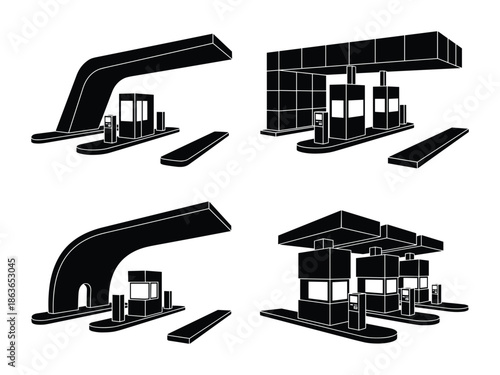 Isometric design showing black and white gas station and toll booths vector illustration.