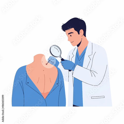 Dermatologist examining patients skin for moles and skin cancer.