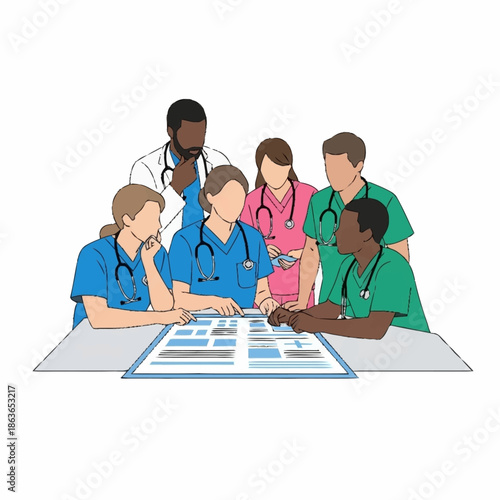 Diverse medical team collaborating around a table in a healthcare setting.