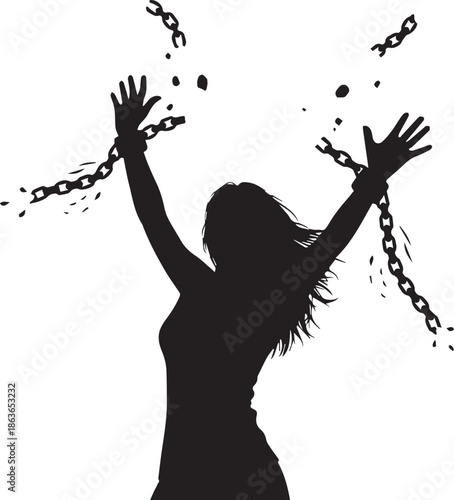 Silhouette of a woman breaking free from chains with arms raised
