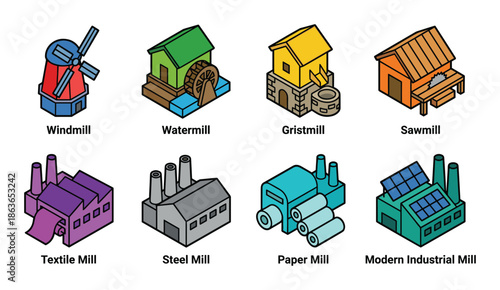 Isometric illustration of mills, including windmill, watermill, gristmill, and modern industrial mill.
