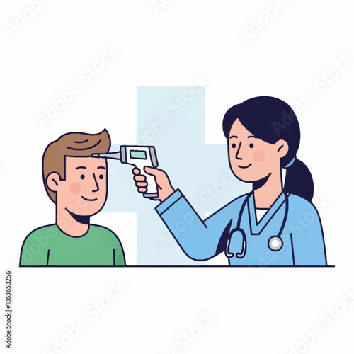 Doctor checking patients temperature with an infrared thermometer.