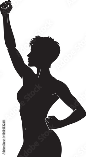 Silhouette of a strong woman raising her fist in a gesture of power and determination