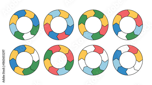 vibrant circular arrow infographic diagrams representing continuous process flow or cycle steps, vector illustrations on a clean white background, ideal for business presentations, workflow, and proje