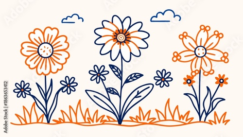 Vibrant floral pattern with blooming flowers and clouds