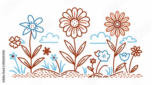 Vibrant flowers and clouds in a whimsical garden scene