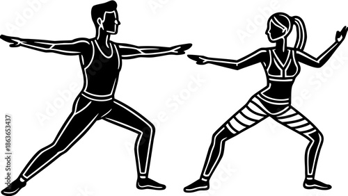 Man and woman in dynamic yoga poses side by side