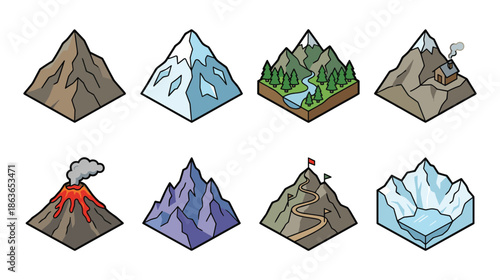 Isometric mountain illustration, volcano, nature landscape. Set of cartoon adventure mountains.