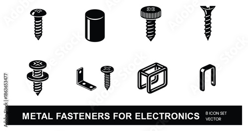 Isometric set with fasteners. Metal elements for electronics hardware tools and engineering equipment vector