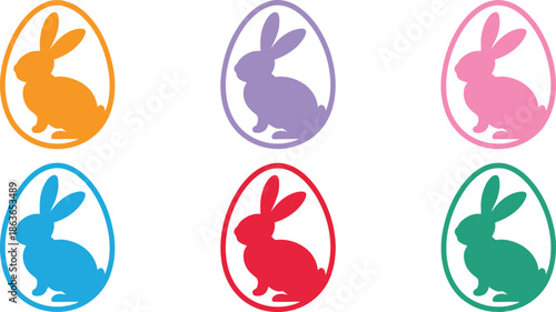 Colorful rabbit silhouettes within Easter egg outlines arranged on a clean white background