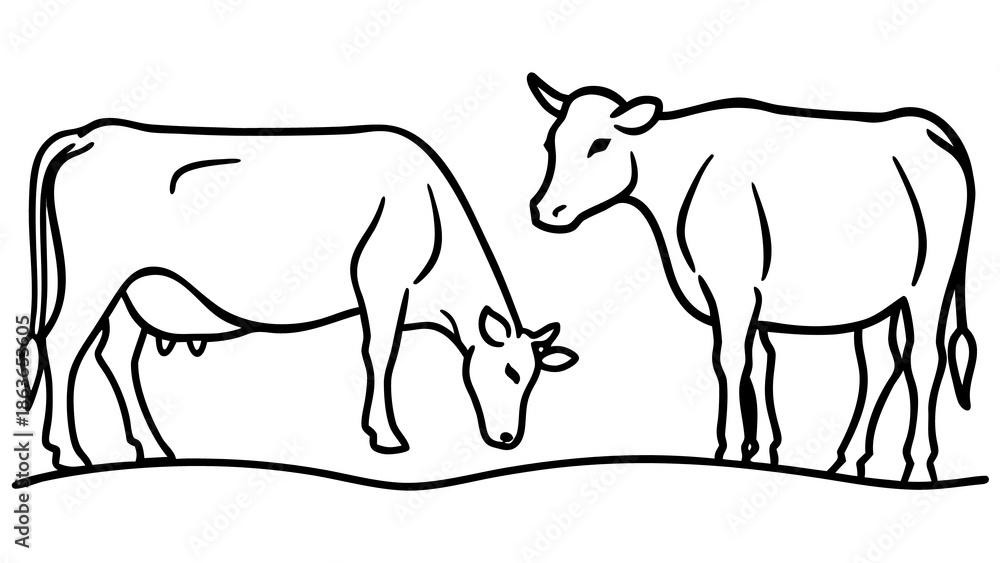 Fototapeta premium Cows grazing peacefully in a serene landscape
