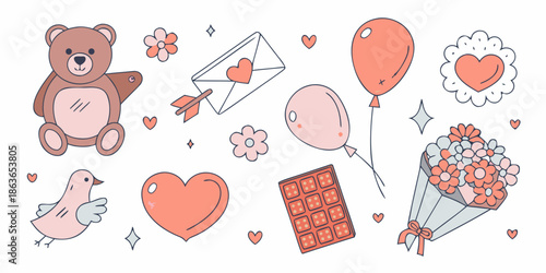 A charming collection of valentine s day themed illustrations bears balloons and treats