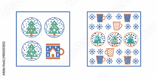 Festive winter patterns featuring christmas trees snowflakes and warm drinks
