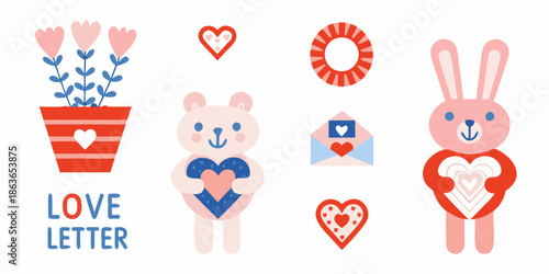 Charming valentine s day illustration featuring hearts flowers a bunny and a bear