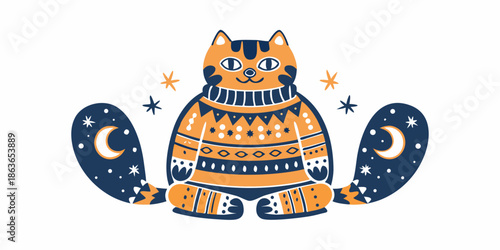 A charming illustration of a cat wearing a cozy winter sweater and celestial motifs