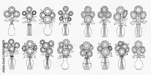 Set of hand drawn sunflower bouquets in vases, black and white outline vector illustration.