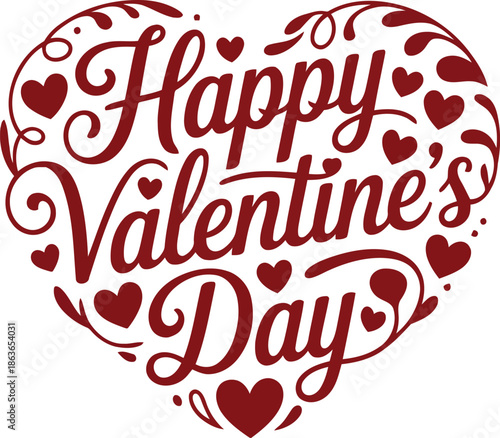 Elaborate deep red Happy Valentines Day lettering forming a heart shape with decorative swirls