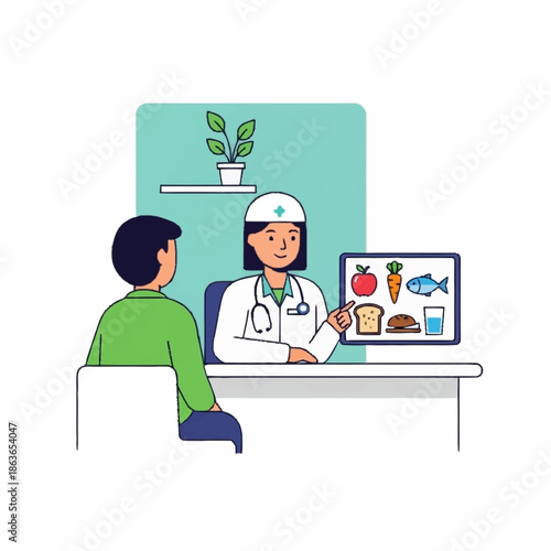 Female nutritionist explaining healthy diet to male patient in clinic.