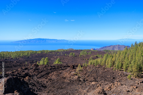 Panorama of islands La Gomera, La Palma and Atlantic Ocean seen from Teide national park on Canary Island Tenerife, Spain