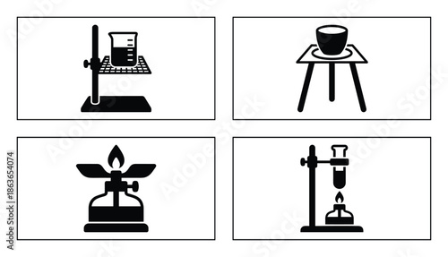 Laboratory apparatus illustration includes beaker, tripod, alcohol burner, and test tube with stand.