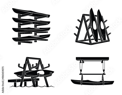 Kayak racks vector set. Different kayak storage rack types illustration design isolated on white background.