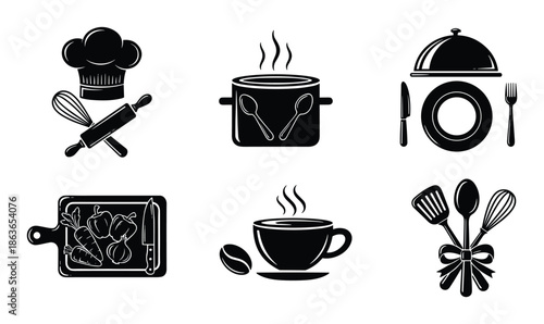 Kitchen culinary icon set. Collection of cooking elements including chef hat, pot, chopping board, and kitchenware.