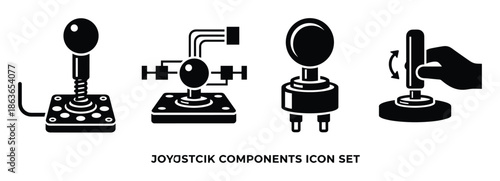 Joystick components icon set featuring arcade game controller elements and equipment.