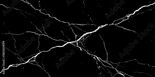 Abstract black marble texture with sharp white lightning-like veins crossing diagonally on a deep dark surface. High-contrast natural stone pattern ideal for luxury backgrounds, wallpaper, branding.