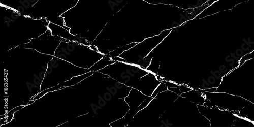 Abstract black marble texture with sharp white lightning-like veins crossing diagonally on a deep dark surface. High-contrast natural stone pattern ideal for luxury backgrounds, wallpaper, branding.