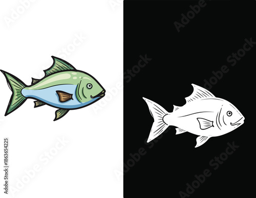 Marine Fish Illustration: A stylized illustration presents a vibrant fish in both color and outline against a stark black and white backdrop, a visual exploration of marine life and design.