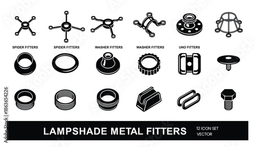 Lampshade metal fitters vector icon set of spider, washer, and uno fitters. Isolated lampshade fitters collection.
