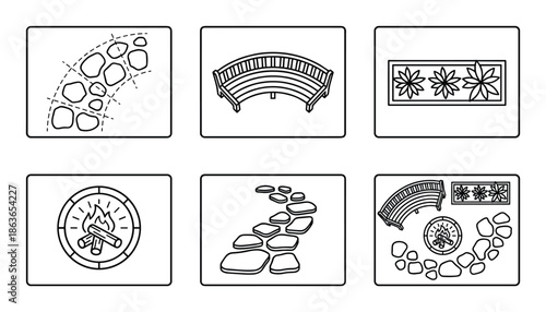 Landscape architectural plan icon set. Backyard, garden design plan symbols. Project blueprint, design planning vector