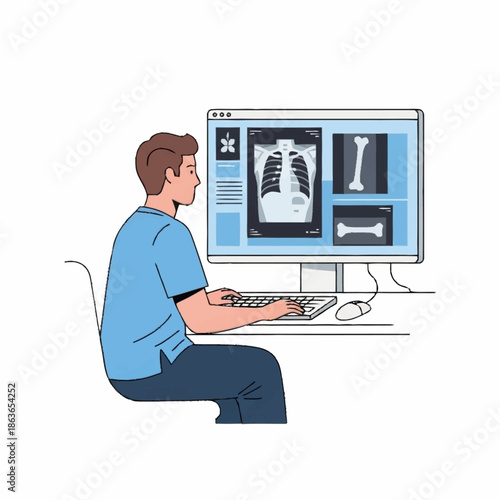 Medical professional analyzing X-ray images on computer screen.
