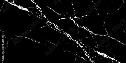 Abstract black marble texture with sharp white lightning-like veins crossing diagonally on a deep dark surface. High-contrast natural stone pattern ideal for luxury backgrounds, wallpaper, branding.