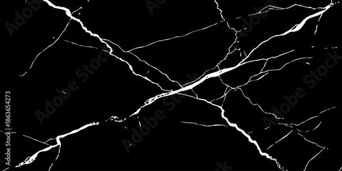Abstract black marble texture with sharp white lightning-like veins crossing diagonally on a deep dark surface. High-contrast natural stone pattern ideal for luxury backgrounds, wallpaper, branding.
