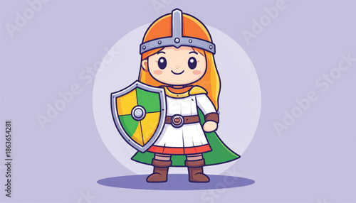 Chibi Knight Girl with Shield and Helmet Cartoon Illustration.